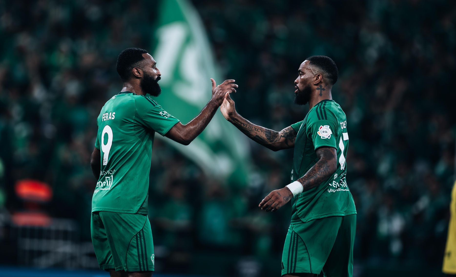 Al Ahli goalscorers Feras Al Buraikan (L) and Ivan Toney in Sea Derby v Al Ittihad