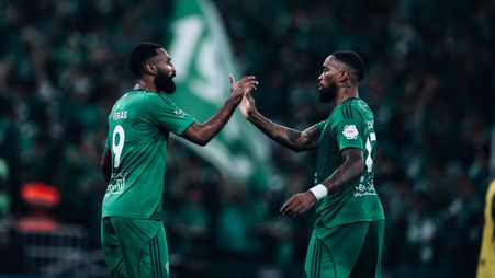 Al Ahli goalscorers Feras Al Buraikan (L) and Ivan Toney in Sea Derby v Al Ittihad