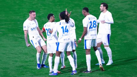 سافيتش يحتفل مع زملائه بهدف مباراة الفتح