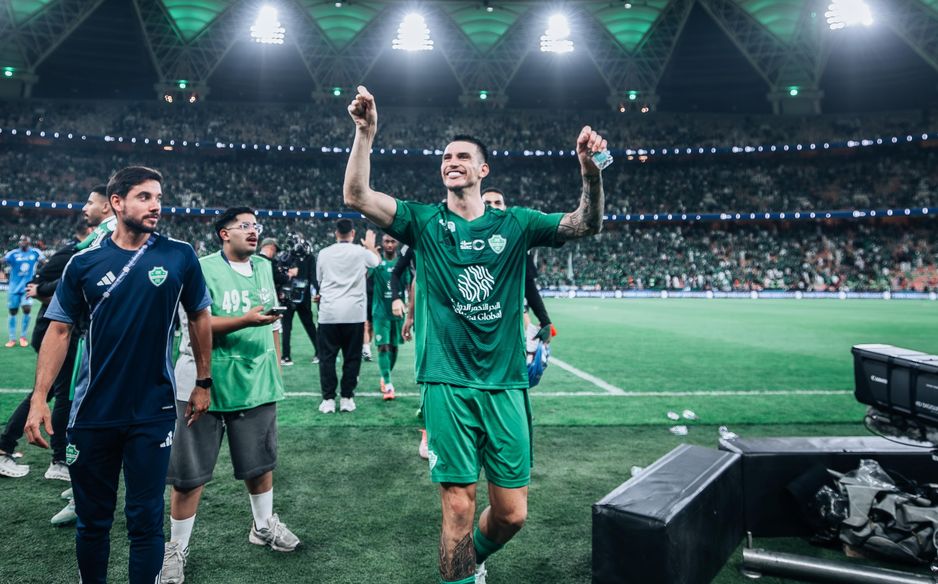 Roger Ibanez celebrates Al Ahli's Sea Derby victory v Al Ittihad