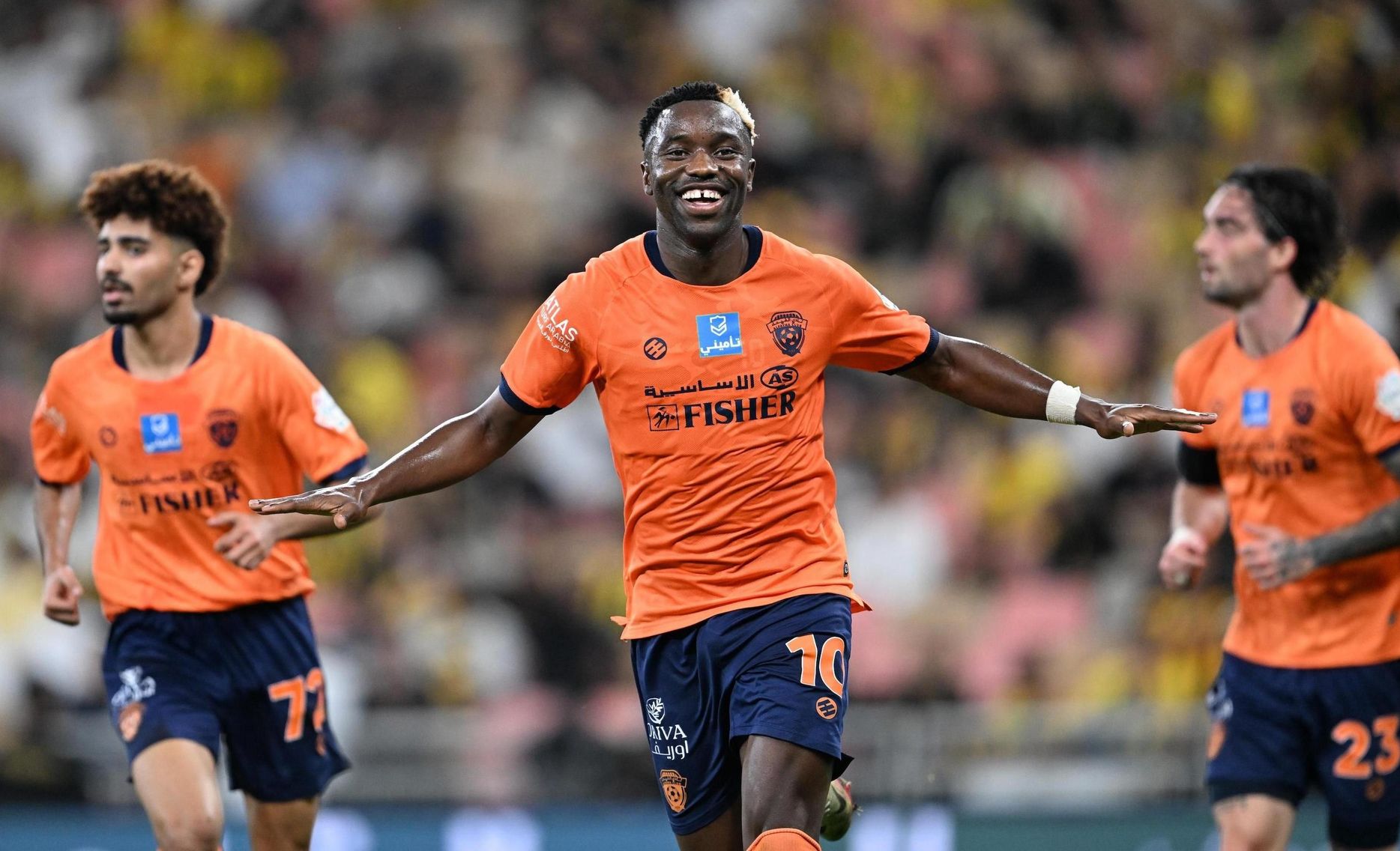 Al Fayha forward Fashion Sakala celebrates goal at RSL champions Al Ittihad