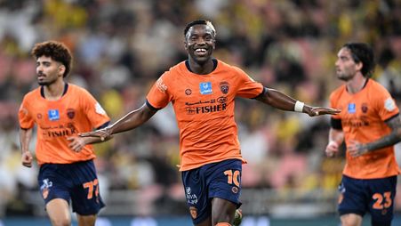 Al Fayha forward Fashion Sakala celebrates goal at RSL champions Al Ittihad