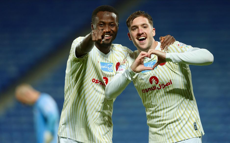 Morlaye Sylla (L) and Valentin Vada celebrating Damac's big win at Al Najmah