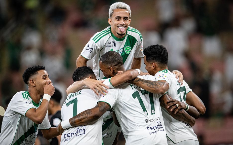 Matheus Goncalves and Al Ahli celebrate Ivan Toney's goal in win against Damac