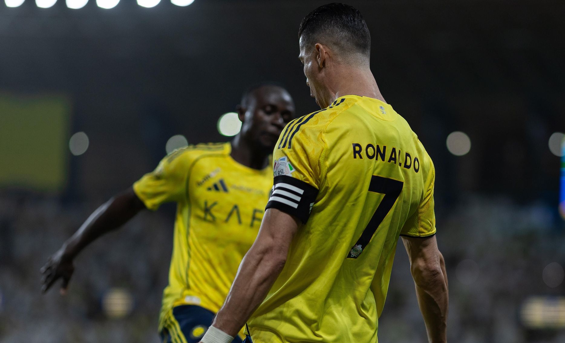 Cristiano Ronaldo and Sadio Mane celebrate the Al Nassr captain's goal v Al Najmah