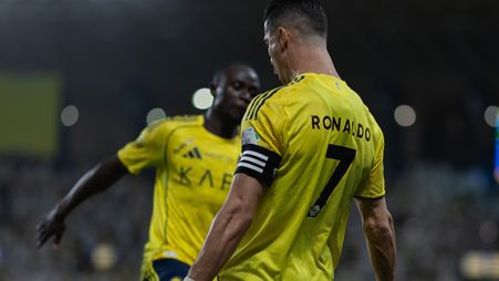 Cristiano Ronaldo and Sadio Mane celebrate the Al Nassr captain's goal v Al Najmah