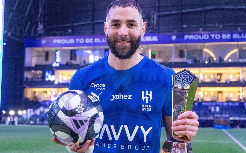 Al Hilal hat-trick hero Karim Benzema with his match ball and Man of Match award v Al Kholood