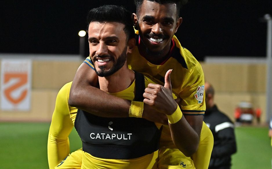 Omar Al Somah (L) celebrates goal for Al Hazem v Al Fayha as he moves to 160 overall in RSL