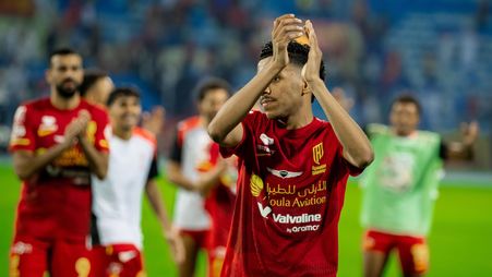 Al Qadsiah's Musab Al Juwayr celebrates win v Al Nassr