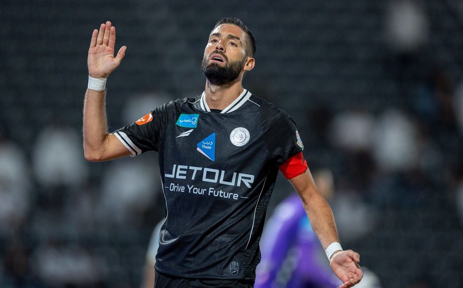 Al Shabab captain Yannick Carrasco reacts to his side's 5-1 defeat at home to Al Taawoun