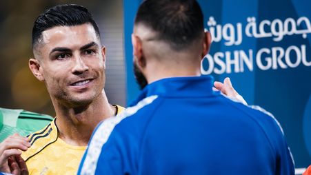 Cristiano Ronaldo and Karim Benzema before Al Nassr v Al Hilal in Capital Derby