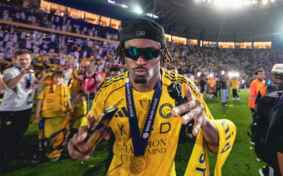 Defender Mohamed Simakan soaks in the Al Nassr title celebrations
