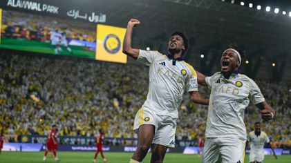 Kingsley Coman (L) and Mohamed Simakan celebrate the former's stunner v Damac