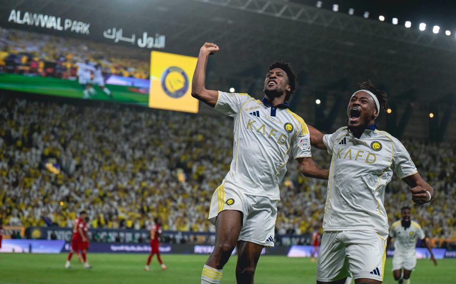 Kingsley Coman (L) and Mohamed Simakan celebrate the former's stunner v Damac