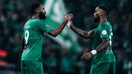 Al Ahli duo Feras Al Buraikan (L) and Ivan Toney