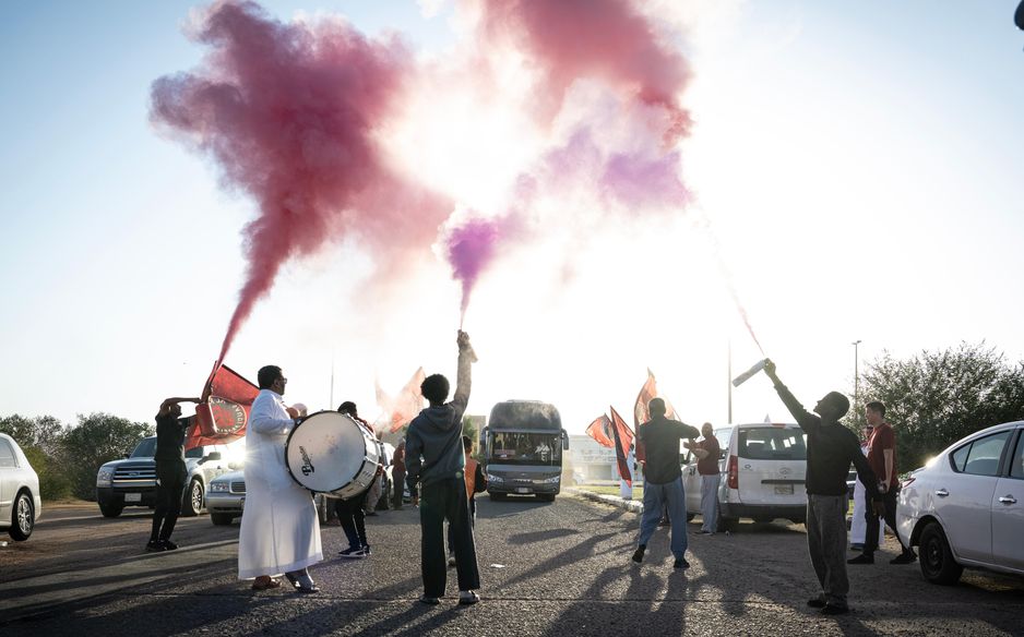 Al Kholood fans welcome their team before crucial Ar Rass derby v Al Hazem
