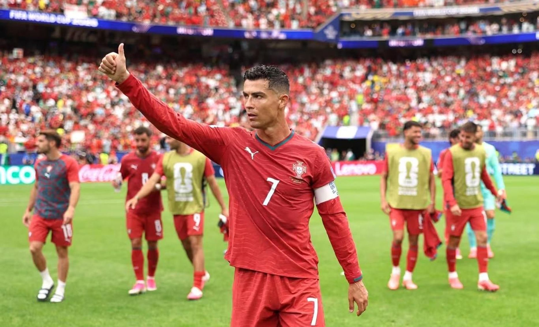 Portugal captain Cristiano Ronaldo reacts to FIFA World Cup win v Uzbekistan