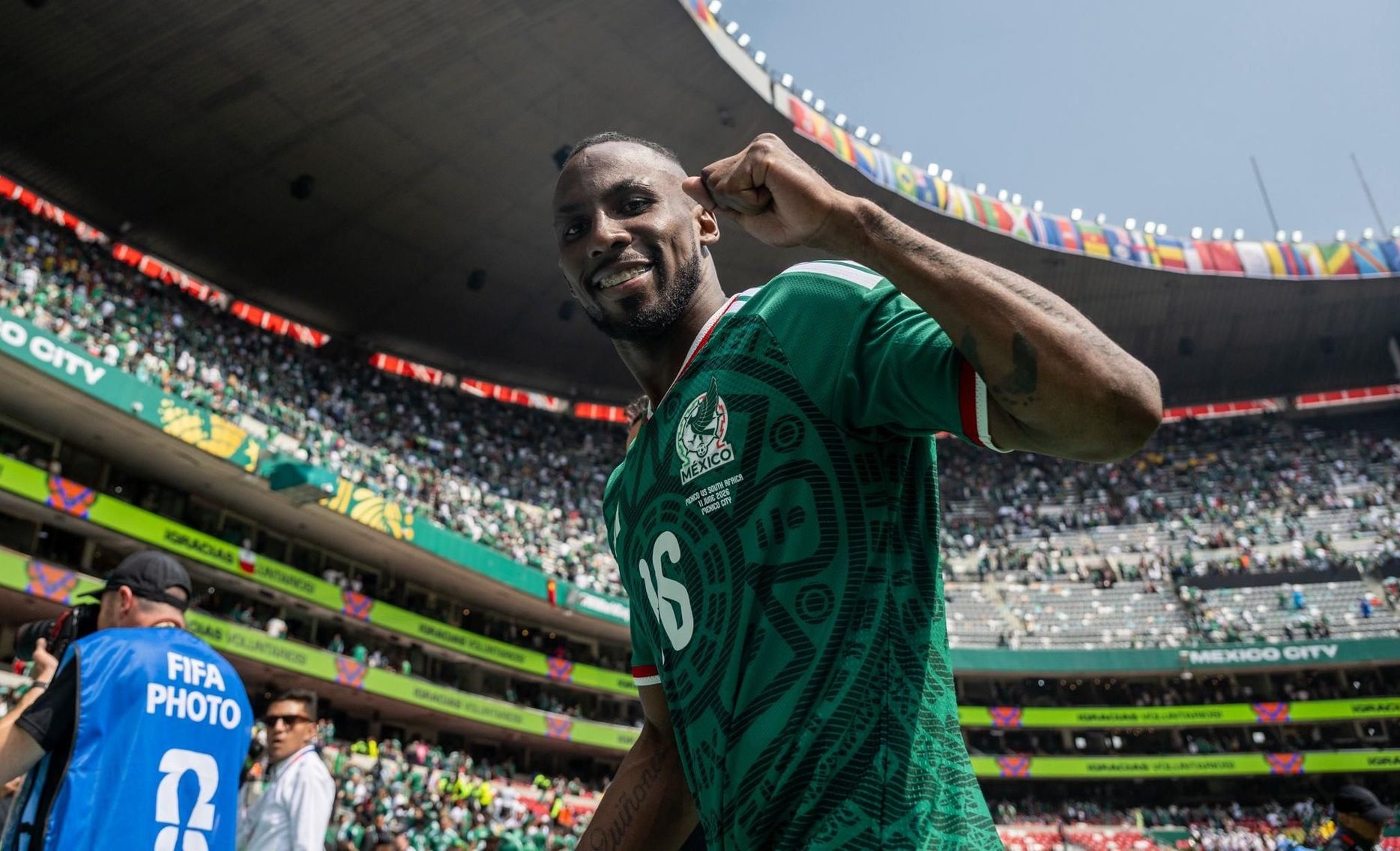 Julian Quinones celebrates Mexico's win v South Africa in 2026 FIFA World Cup opener